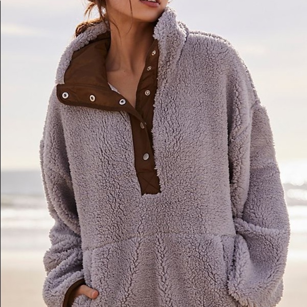 Free People Lavender Gray Sherpa Pullover with Brown Snap Placket